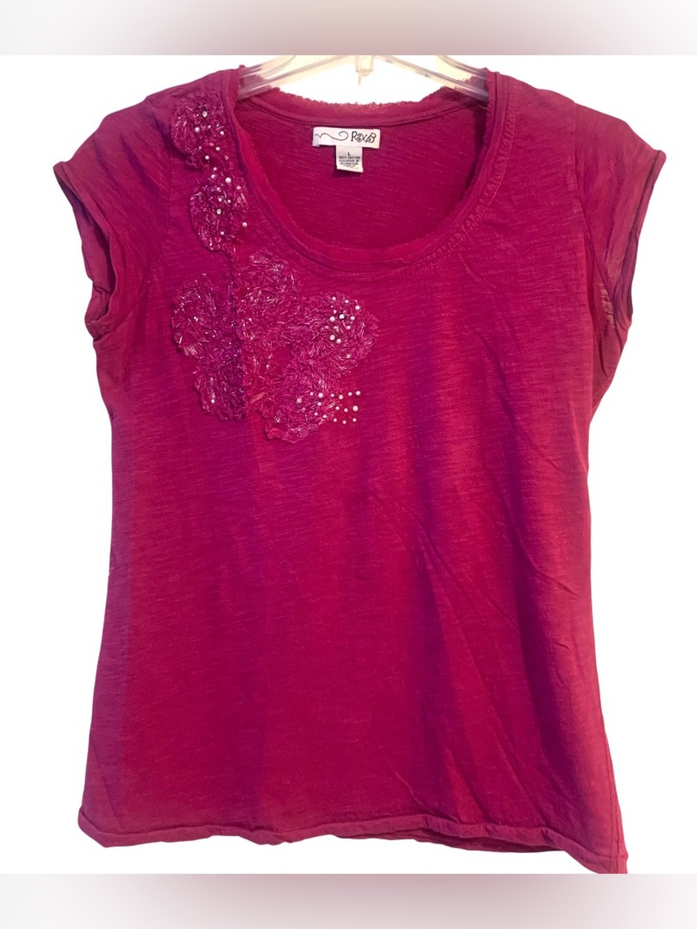 RXB Round Neck Short Sleeve Shirt Raspberry 100% Cotton w Appliqué Women Size L